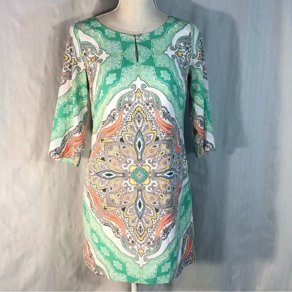 Banana Republic Dress Green Peach White Paisley 3/4 Sleeve Sheath Dress EUC 2P 👍